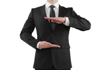 A person in a business suit making a timeout gesture on a white background, concept of pause or break in business