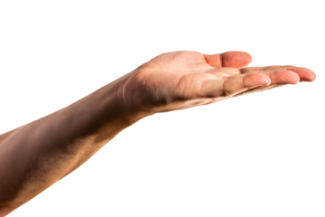 An outstretched open hand isolated on a white background, depicting a gesture of offering or support