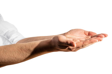 Closeup of a person's outstretched hands on a white background, showcasing a concept of offering or...