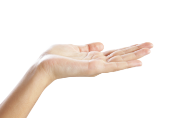 An open human hand presented against a white background, displaying a gesture resembling holding or offering something