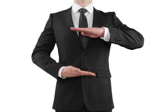 A person in a business suit making a timeout gesture on a white background, concept of pause or break in business