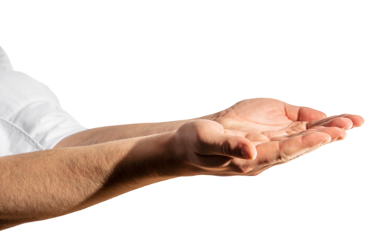 Closeup of a person's outstretched hands on a white background, showcasing a concept of offering or assistance
