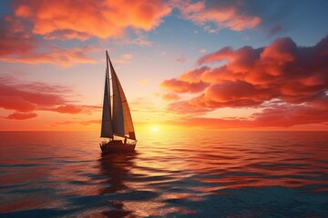 A sailboat sailing on a calm sea with a colorful sunset. - obrazy, fototapety, plakaty