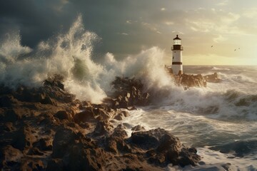Fototapeta na wymiar A lighthouse on a rocky coastline with waves crashing.