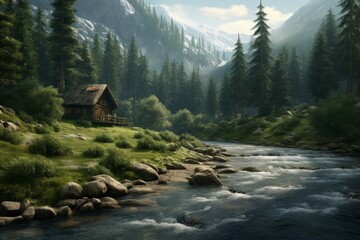 A cabin in the woods with a river flowing nearby. - obrazy, fototapety, plakaty