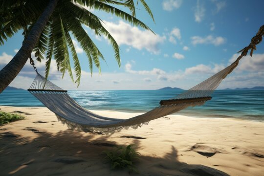 A peaceful beach with a single palm tree and hammock.