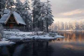 Fototapeta premium Cabin in snowy forest with frozen lake