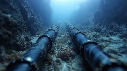 Two black pipes are in the water. The pipes are connected to each other - obrazy, fototapety, plakaty