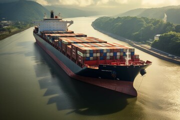 Cargo ship in Panama Canal - obrazy, fototapety, plakaty