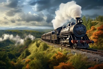 Vintage steam locomotive chugging through countryside - obrazy, fototapety, plakaty