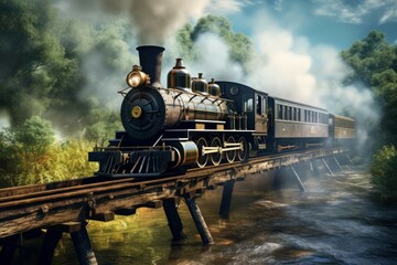 Fototapeta na wymiar Steam locomotive on wooden bridge
