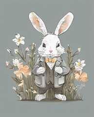 Osterhase mit Blumen - Ein freundlich lächelnder Hase im Anzug hält einen Strauß Frühlingsblumen. - obrazy, fototapety, plakaty