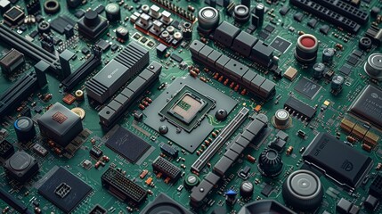 A close up of a computer chip with many different parts. Concept of complexity and intricacy, as well as the importance of technology in our daily lives