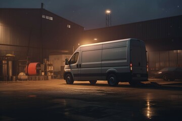 Cargo van parked in front of warehouse at dusk