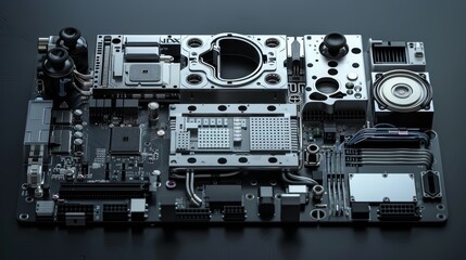 Fototapeta premium A computer board is shown in its entirety, with all of its components visible. Concept of disassembly and disorganization, as the various parts are scattered across the board