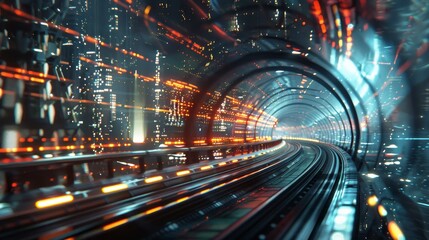 A tunnel with a bright orange light shining down on it. The tunnel is surrounded by a cityscape with buildings and lights. Scene is futuristic and exciting