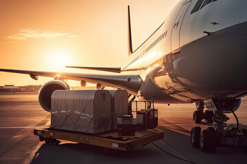 Cargo Loading into Commercial Airplane at Sunrise