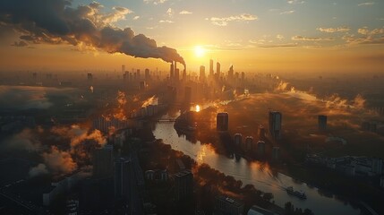 A city skyline with a river running through it and a large smoke plume in the distance. The sky is orange and the sun is setting - obrazy, fototapety, plakaty