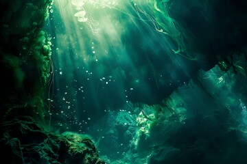 : A mysterious underwater cave with shimmering algae and glowing jellyfish surrounding it - obrazy, fototapety, plakaty