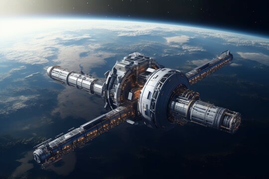 Futuristic space station orbiting distant planet