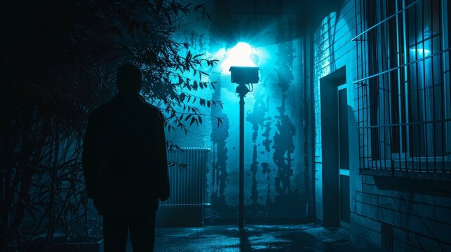 A man stands in the dark, looking at a street light. The light is blue and casts a shadow on the ground. The scene is eerie and mysterious