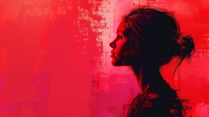 A woman's face is shown on a red background. The woman is wearing a black dress and has her hair in a bun. The image has a dark and moody feel to it - obrazy, fototapety, plakaty