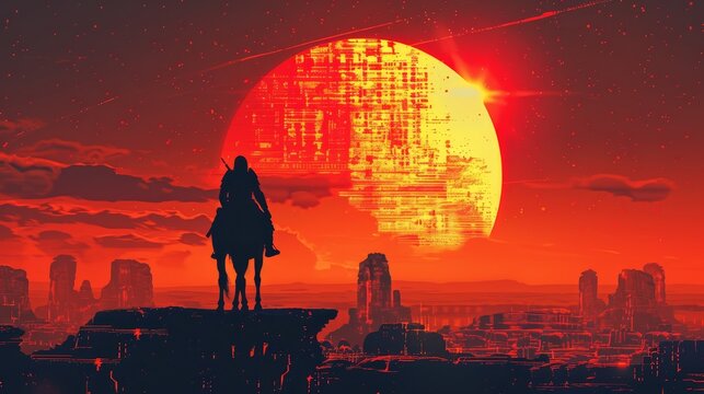 A man is riding a horse in front of a large red sun. The sky is filled with stars and the sun is setting. The scene is set in a desert with a city in the background