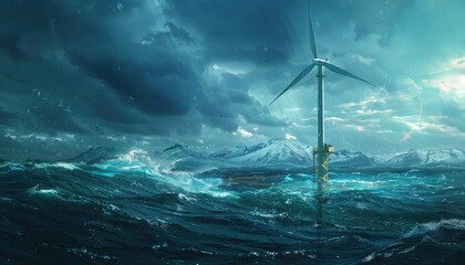 A wind turbine is standing in the middle of a stormy ocean by AI generated image