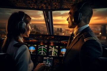 Pilot flying commercial airliner in cockpit - obrazy, fototapety, plakaty