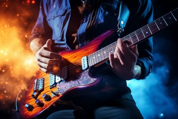 Obraz premium Musician playing guitar on stage during concert.