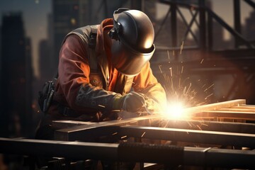 Construction worker welding steel beams on a skyscraper.