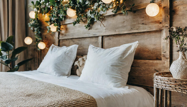 Rustic wooden branch wall decor over bed with white pillos and beige plaid. Farmhouse, country interior design of modern bedroom.