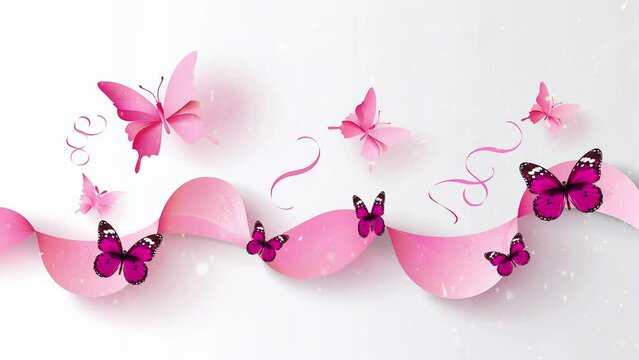 pink paper butterflies in the wave form on white background. seamless looping overlay 4k virtual video animation background