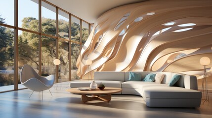 Fototapeta na wymiar Modern interior design living room with large windows and curved wooden wall