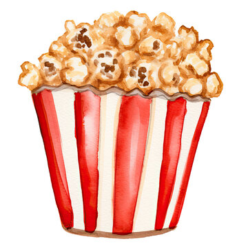 recommend clip art: AI-generated watercolor Popcorn bucket clip art illustration. Isolated elements on a white background.