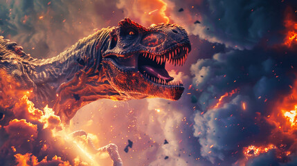 A giant dinosaur with an open mouth dominates the sky