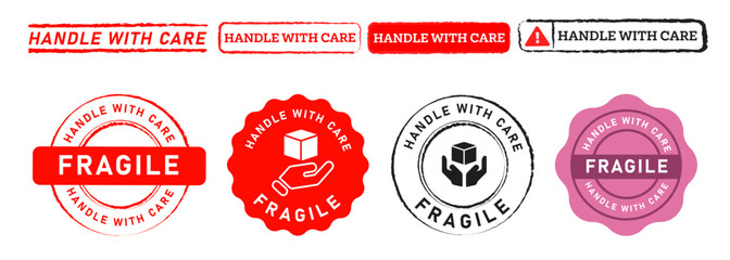Obraz premium handle with care stamp and seal badge label sticker sign for protect packaging fragile breakable