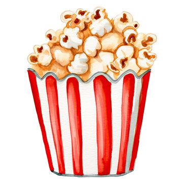 recommend clip art: AI-generated watercolor Popcorn bucket clip art illustration. Isolated elements on a white background.