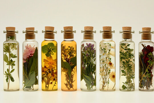 various herbal products inside bottles in a row in the  c208465d-0fbb-438e-8ac1-8584e12eee0d