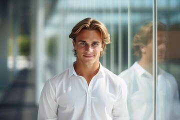 a young man in a white shirt is smiling in front of a glass wall