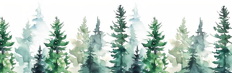 Row of Trees Watercolor Painting - obrazy, fototapety, plakaty