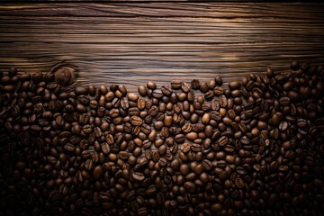A scattering of coffee beans rests on a rustic wooden table, offering a visual feast for the senses. Generative AI