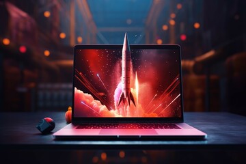 a laptop arrow and a rocket showing exponential growth - obrazy, fototapety, plakaty