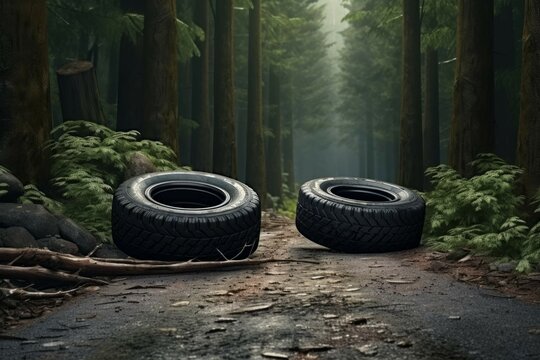 two tires on the road in a forest