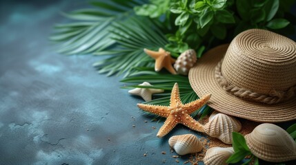 Fototapeta na wymiar straw hat and starfish