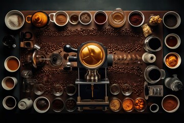 Overhead view of a coffee machine nestled within a lush bed of coffee grounds, ready to brew a rich and aromatic pot of coffee. Generative AI