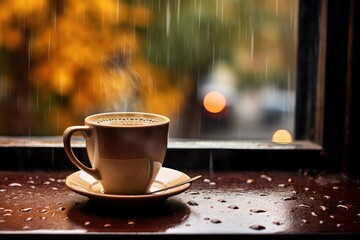 A steaming cup of coffee delicately rests atop a dainty saucer, exuding warmth and comfort. hot cup of coffee at rainy day. Generative AI - obrazy, fototapety, plakaty