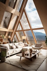 A-frame cabin living room with large windows and a beautiful mountain view