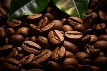 A vibrant pile of aromatic coffee beans intertwined with fresh green leaves, creating a visually...