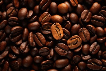 Fototapeta premium A tower of coffee beans, with several beans perched on top. The rich aroma of freshly roasted coffee emanates from the pile. Generative AI